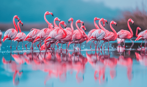 一群粉红色的火烈鸟和水中的倒影选择性焦点