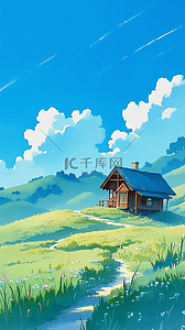 蓝色水彩颗粒质感夏天农场风景背景图片