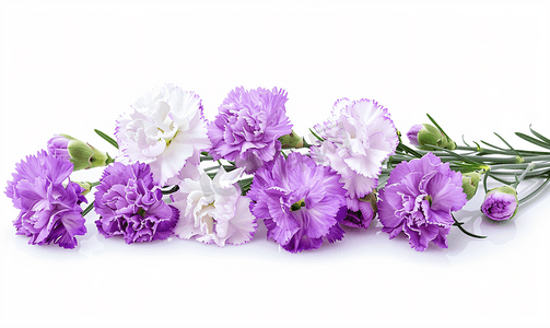 白色背景上孤立的白色和淡紫色康乃馨