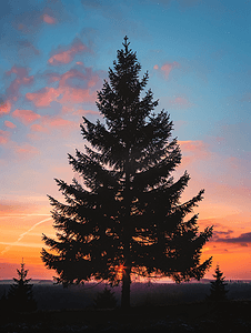 天空浅蓝摄影照片_夕阳西下天空闪烁冷杉树的轮廓