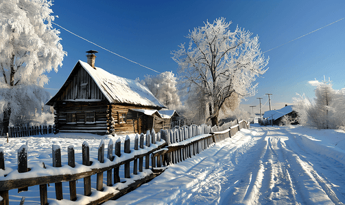 老房子边框图摄影照片_有积雪的篱笆栅栏的老房子风景照片