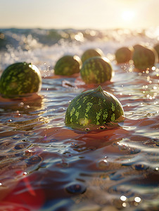 冰镇西瓜摄影照片_水面上飘浮新鲜西瓜摄影照片