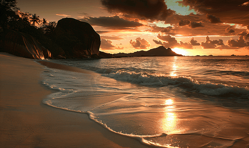 塞舌尔充满异国情调的海滩上令人惊叹的美丽日落