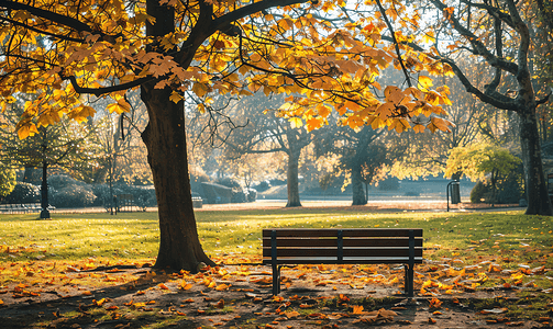 红色树叶的树摄影照片_秋天海德公园树旁公园的长凳