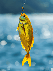 钓鱼竿摄影照片_抓到黄鱼挂在钓鱼竿上克罗地亚
