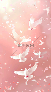 和平的白鸽背景图片_粉色背景里飞翔的白鸽