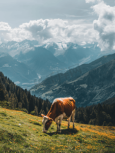 意大利阿尔卑斯山上孤独的奶牛在吃草
