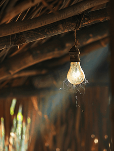 有蜘蛛网的旧灯泡灯挂在茅草屋顶上