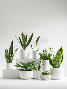 白色书桌上简约的白色陶瓷盆中种植的蛇类植物矮化品种