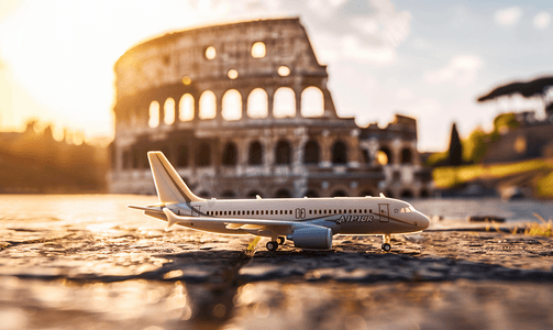 小型建筑摄影照片_小型飞机模型背景意大利罗马竞技场