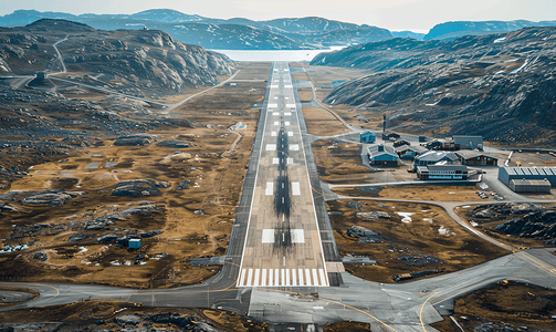 格陵兰康克鲁斯瓦克机场生活区和跑道的鸟瞰图
