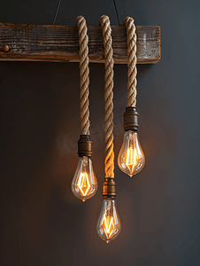 挂在绳子和板上的爱迪生灯漂亮的装饰灯泡