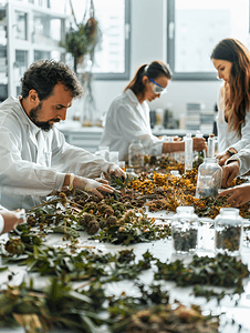 植物盘装摄影照片_研究植物标本馆材料的科学家小组