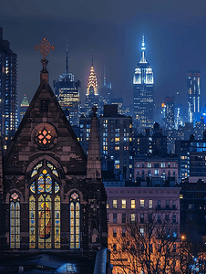 纽约东村天际线的乌克兰东正教教堂夜景