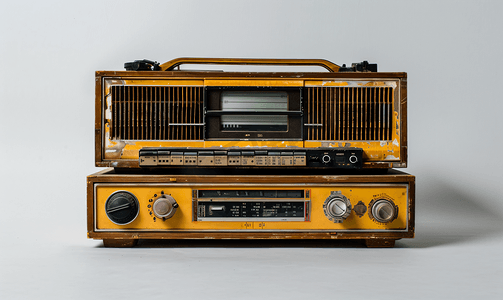 音乐背景摄影照片_白色背景上的旧盒式播放器和收音机