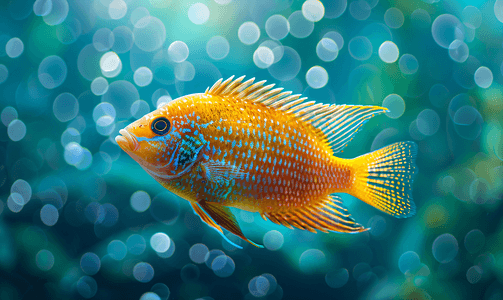 水族馆丽鱼科鱼在一个美丽的水族馆里有蓝色背景和气泡