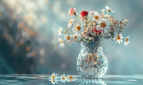 高高的水晶花瓶上面有美丽的雏菊和玫瑰花束