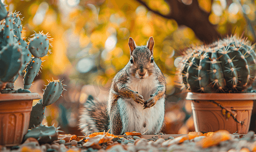 坐在仙人掌秋季公园旁边的松鼠