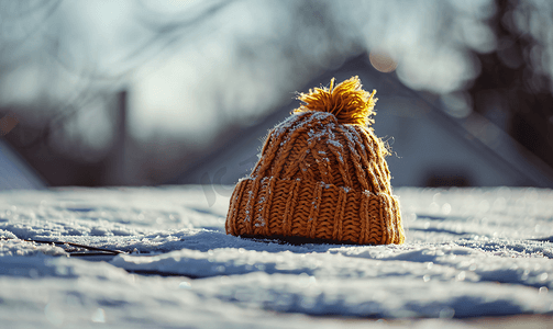 冬季能源摄影照片_一顶羊毛帽放在屋顶上替代供暖的概念