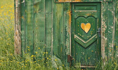 木板上的心摄影照片_旧木厕所门上的心形绿色厕所在田野上户外休闲