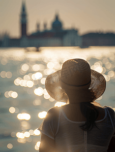 戴着太阳帽的游客剪影在模糊的背景中看着威尼斯泻湖