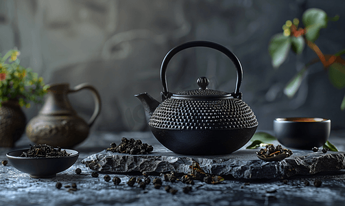 深石背景上摆放的黑铸铁茶壶和草药茶