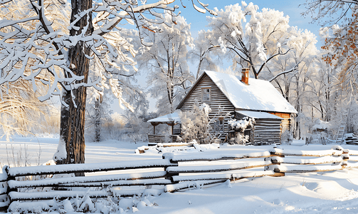 有积雪的篱笆栅栏的老房子风景照片