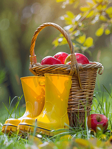 草地上黄色橡胶靴上放着红苹果的草篮