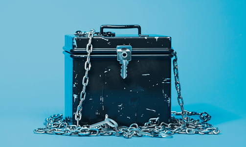 蓝色背景上锁链和钥匙下的盒子
