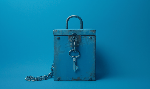 蓝色背景上锁链和钥匙下的盒子
