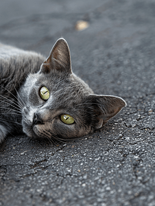 绿眼睛的灰猫躺在灰色的沥青上