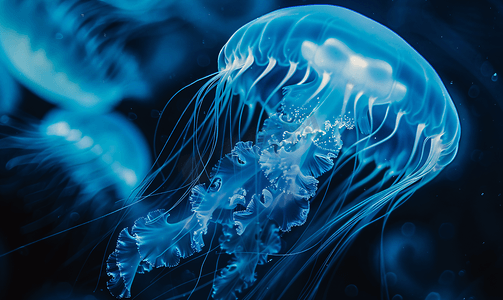 深蓝色和黑色背景中的半透明水母特写