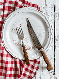 封面菜单摄影照片_白色红色格子厨房毛巾铁板和锋利的老式刀