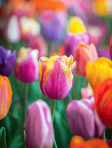荷兰密歇根季节性表演色彩缤纷的郁金香花坛选择性焦点