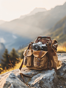 旅行背包和复古相机可欣赏日出时的山景