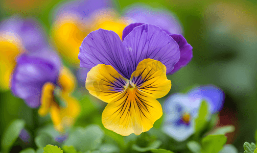 一朵五颜六色的三色堇花的黄色和浅紫色花三色堇特写