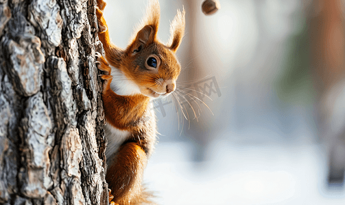 欧亚红松鼠爬树吃橡子的肖像