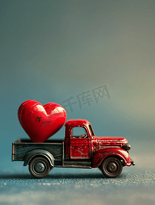 卡通蓝色的背景摄影照片_玩具卡车上的红心