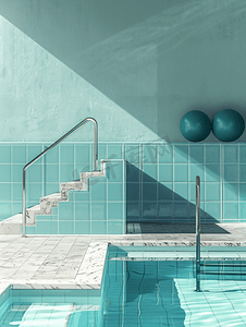 方浮雕边框摄影照片_游泳池角落有大理石边框、蓝色陶瓷墙和泳池梯子