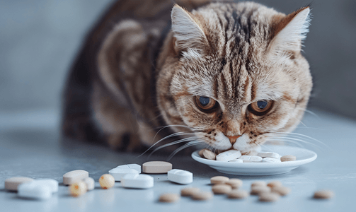 猫从碗里吃干粮和药丸