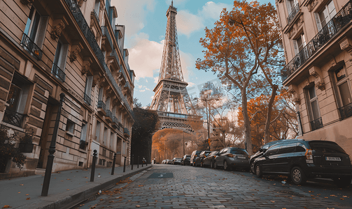 法国巴黎空镜摄影照片_从巴黎的一条街道上欣赏埃菲尔铁塔的美景