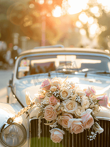 结婚婚车摄影照片_刚刚结婚的车漂亮的婚车带铭牌刚刚结婚