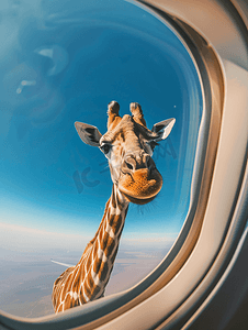 长颈鹿在蓝天中飞行的飞机窗外看着你