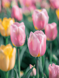 密歇根州荷兰维尔德希尔郁金香花园的粉色和黄色郁金香花