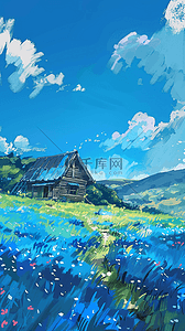 蓝色水彩颗粒质感夏天农场风景背景图