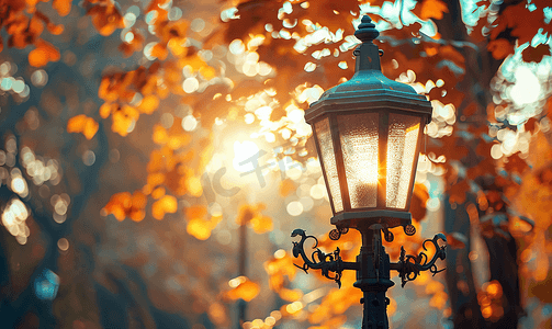 秋天公园里旧路灯的复古风格图片
