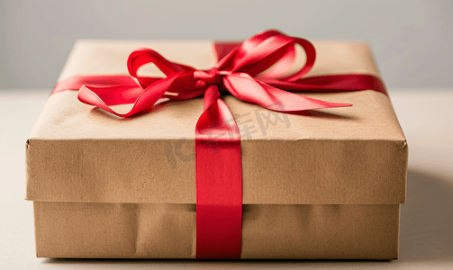 礼品包装盒图标摄影照片_方形盒子用棕色牛皮纸包裹并用红色细丝带系住