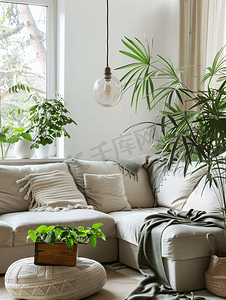 时尚潮流的家居真实内饰配有浅色角沙发和绿色不同的室内植物