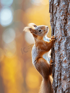 树松鼠摄影照片_秋天欧亚红松鼠爬树的肖像