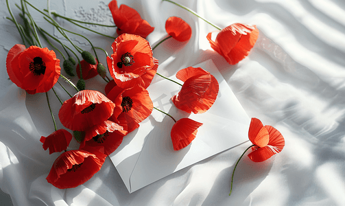 一束红罂粟花和一个白色信封